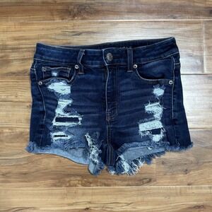 American Eagle Jean‎ Shorts Women's Sz 2 Destroyed Denim Hi Rise Shortie Stretch